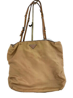 Prada beige tote bag distinctive enameled triangle logo Brown